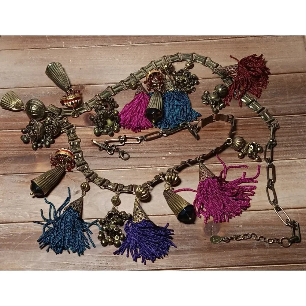 Belt Asian Inspired Brass Dangle Bobble Charms & Tassels Hari Krishna Style 34" - Picture 9 of 9